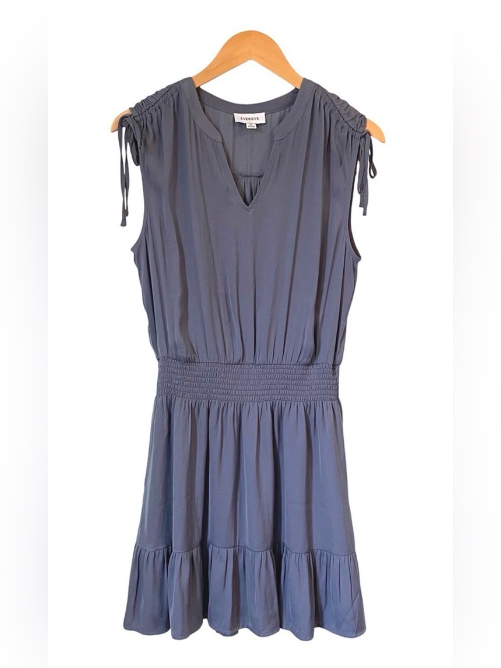 Evereve Small Dusty Blue Dress Tie-Sleeve Smocked Waist pockets sundress